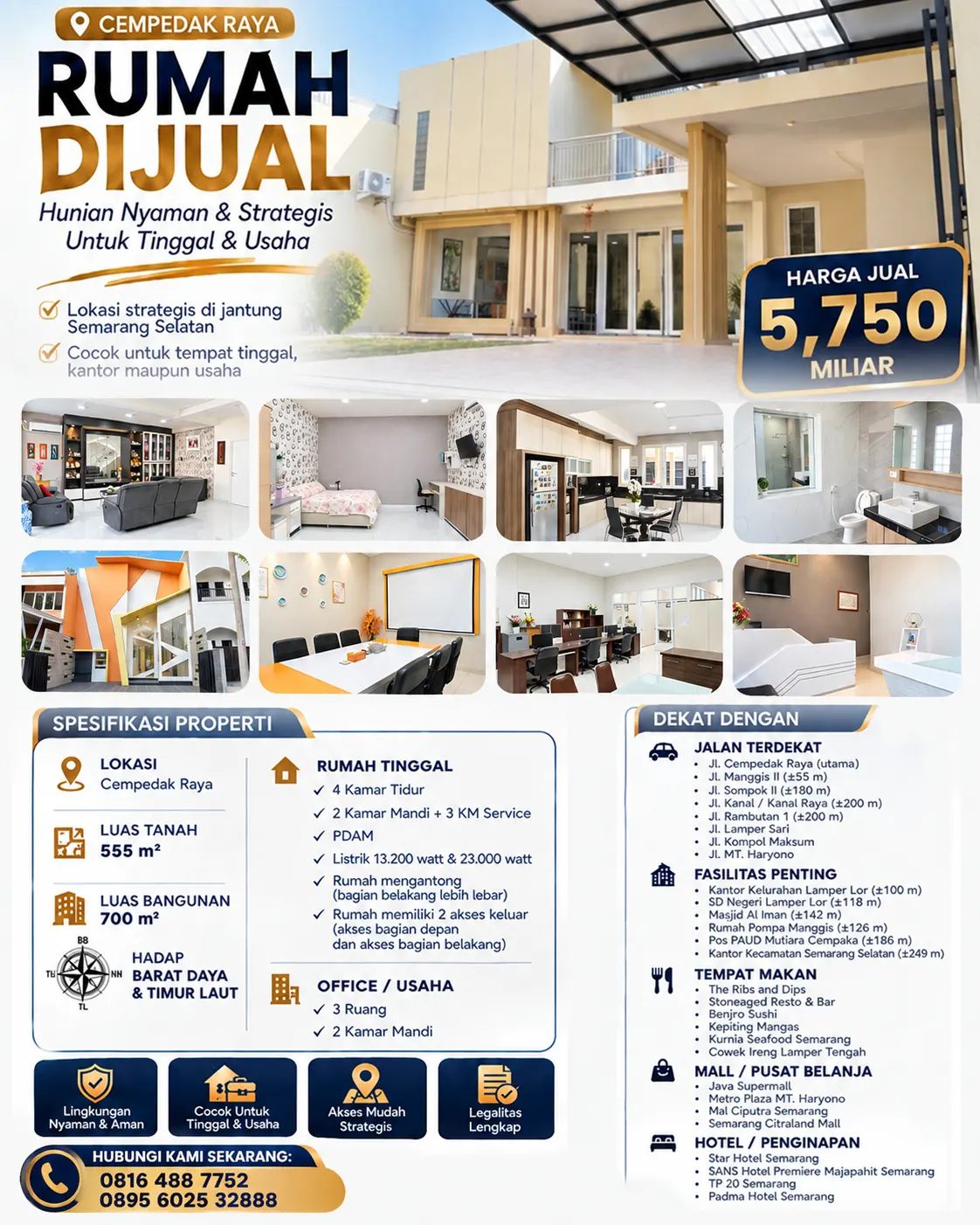 Rumah dan office dijual di Jl. Cempedak Raya, Semarang Selatan